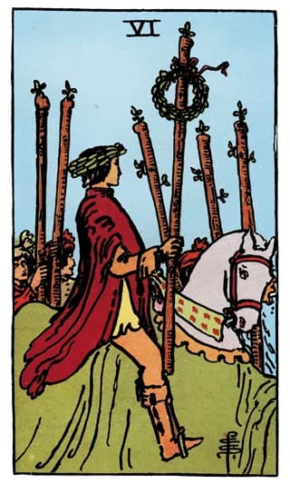 Karta Tarota Szóstka Buław — Małe Arkana, żywioł Ogień